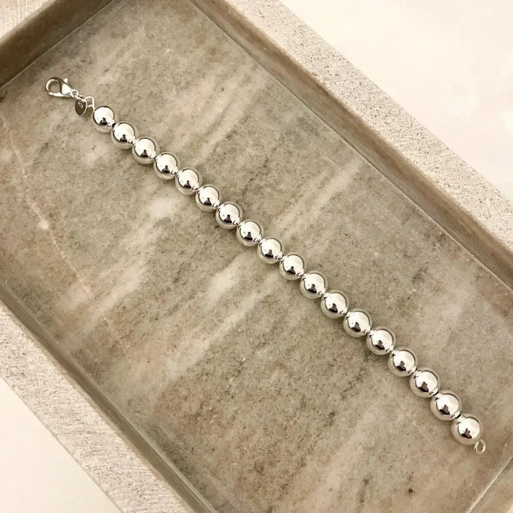 925 Sterling Silver Bead Bracelet 10 MM Ball Bracelet Large Round Bracelet